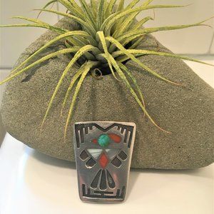 Old Native American Zuni Multi-Stone Bird Inlay Sterling Silver Bolo Tie